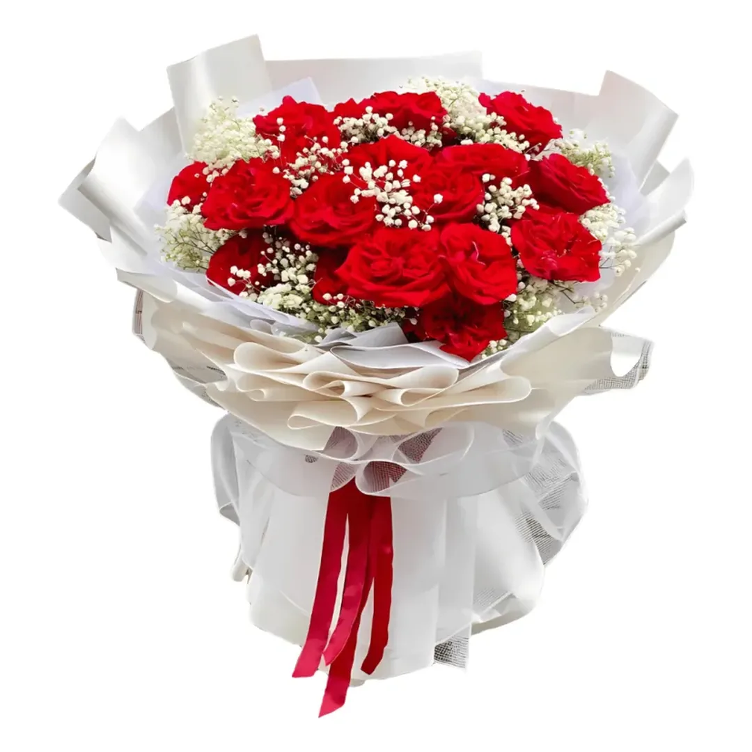 Buket Mawar Merah Baby's Breath Putih